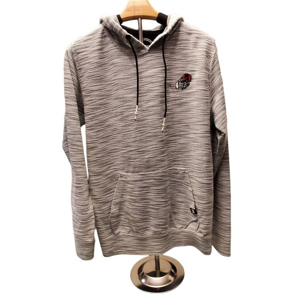Dikotomy Men's M Gray Marled Pullover Hoodie Skeleton Hand Rose Embroidered